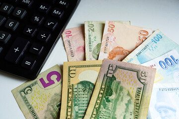 dollar - turkish liras money and calculator on the table