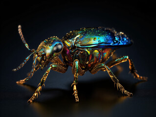 A close up of a colorful neon insect on a black background Generative Ai