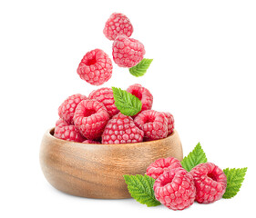 raspberries in a wooden plate and berries falling into it on a white isolated background