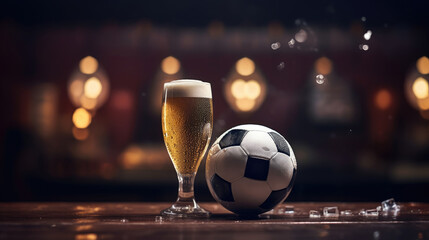 Mug of beer and soccer ball background. Cold beer and sport time concept.