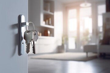 Opening door with golden house key chain on cozy white background and mockup for your advertisement. Homebuying idea.