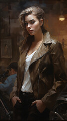 Fototapeta na wymiar A woman in a leather jacket Generative Ai