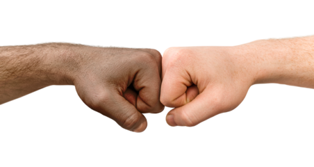 hand of a white man and an African American are touching fists. on a white isolated background
