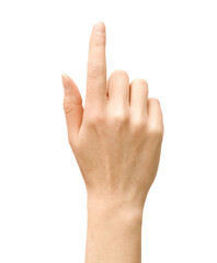 woman hand pointing upwards on isolated white background