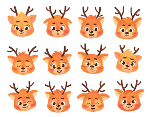 Set of cute reindeer emoticons isolated on white background. Deer faces with different emotions: happy, blinking, sad, angry and smiling. Collection of Christmas emojis. Cartoon vector illustration.
