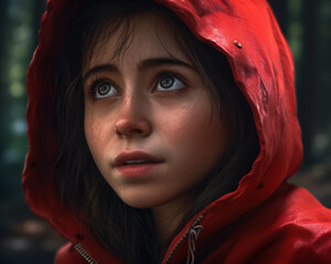 A young girl in a red hoodie stares into the distance with a worried expression Generative Ai