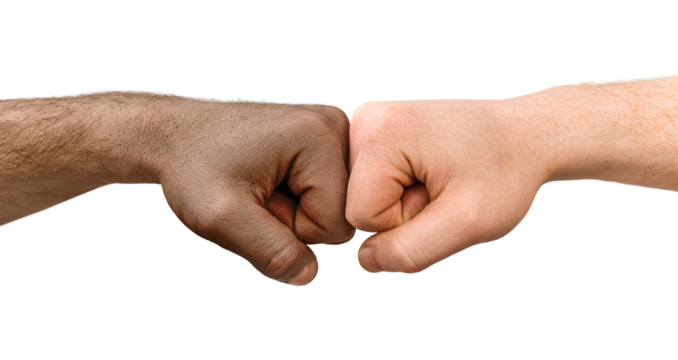 hand of a white man and an African American are touching fists. on a white isolated background - Powered by Adobe