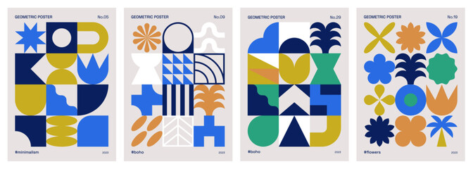 Fototapeta premium Trendy geometric design set. Abstract and minimalist posters with geometric shapes. Bauhaus patterns for print, cover, card, banner or background.
