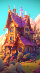 A colorful illustration of a house in the middle of a field Generative Ai
