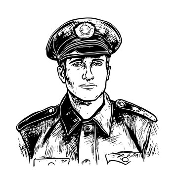 recommend clip art: police officer vector drawing. Isolated hand drawn, engraved style illustration