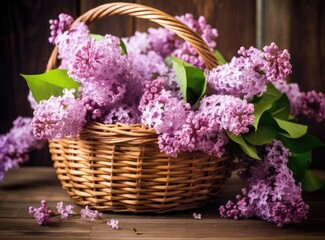 Freshly cut flowers of lilac. Lilac from the garden in wicker basket. Created with Generative AI technology.