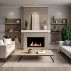 Interior of modern living room with fireplace - Generative AI