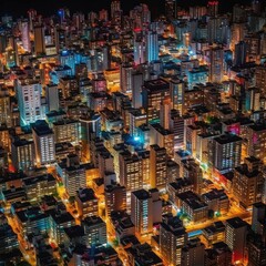 Aerial view of skyscrapers and high-rise buildings at night - Generative AI