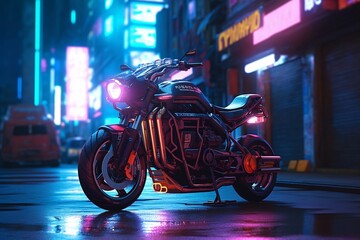 Motorcycle in the background of the neon lights of the city, cyberpunk concept. Generative AI. 
