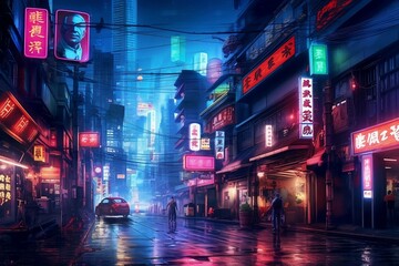 Cyberpunk concept, city view at night. Lots of neon signs. Generative AI. 