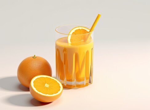 Glass of Orange juice with orange sacs and slices fruits isolate on white background. Created with Generative AI technology.