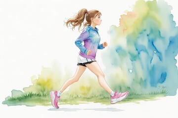 Running woman in park in summer training illustration, ai generative