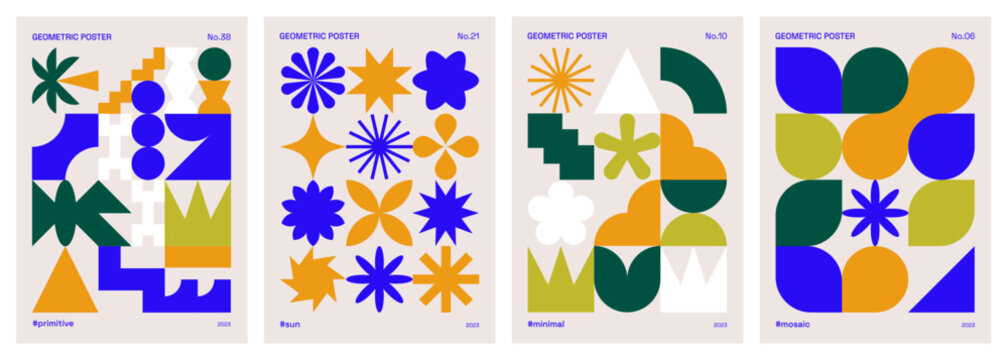 Geometric, abstract and colorful patterns. Poster set with minimalist and primitive shapes and symbols influenced by swiss style and Bauhaus. Trendy flat vector illustrations for covers or banners.