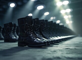 Military boots on the legs of soldiers in a row. Created with Generative AI technology. - obrazy, fototapety, plakaty
