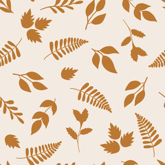 Natural seamless pattern with autumn fallen leaves of forest trees. Bright colored botanical seasonal vector illustration in flat style for wrapping paper, wallpaper, fabric print.