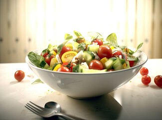 Green salad with tomato and fresh vegetables isolated on white background. Created with Generative AI technology.