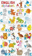 English alphabet with funny toy animals, set of vector cartoon illustrations