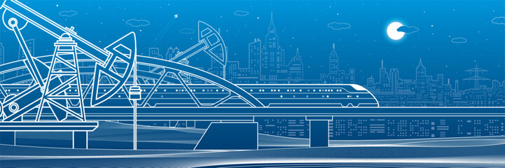 Train rides on the bridge. Three industrial pipes. Power plant, petroleum industry. City and transport illustration. Urban scene. White lines on blue background. Vector design art