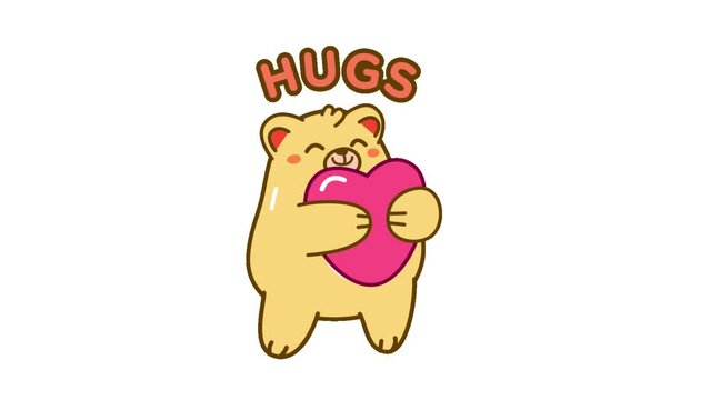 Hugs Typography with Brown Bear Hugging a Hearts background animated, logo symbol