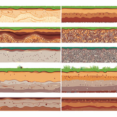 Seamless ground cross sections,layers under earth underground textures set. vector illustrations