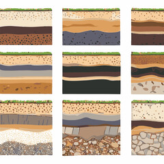 Seamless ground cross sections,layers under earth underground textures set. vector illustrations