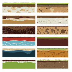 Seamless ground cross sections,layers under earth underground textures set. vector illustrations