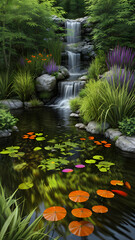 Beautiful summer spring nature pond environment with assortment green foliage of trees