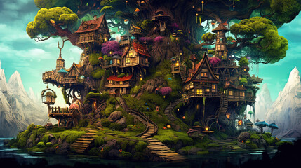 Obraz premium anime scenery art illustration, fantasy mood, elven village big tree trunk town, Generative Ai