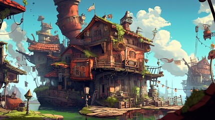Obraz premium anime scenery art illustration, fantasy mood, anime illustration of steampunk cottage village, Generative Ai