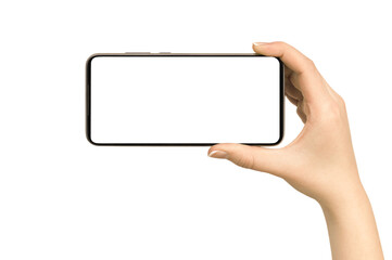 female hand holds a smart phone. on isolated white background