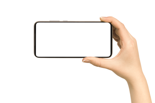 female hand holds a smart phone. on isolated white background