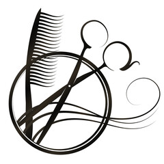 Scissors comb and curl of hair in a round frame. Design for a beauty salon