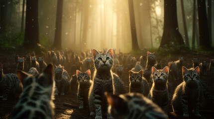 Fototapeta na wymiar Group of 1000 cats in the forest