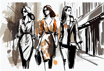 Three stylishly dressed women walk along the street and do some shopping. Sketch style. AI generated.