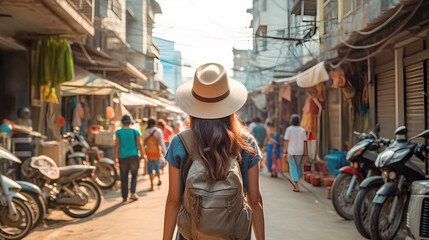 Woman traveler with backpack and hat sightseeing and touring streets with markets and street food stalls in Southeast Asia or India. Generative ai. - obrazy, fototapety, plakaty
