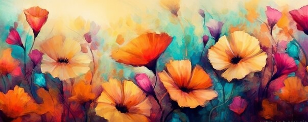 An illustration of colorful flowers panorama background. Created with Generative AI technology
