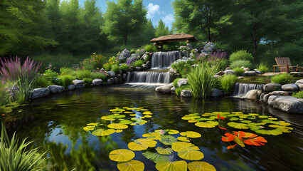 Fototapeta premium Beautiful summer spring nature pond environment with assortment green foliage of trees