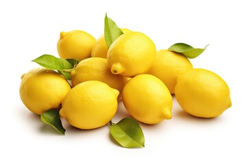 A bunch of juicy, sour lemons laying on a clean white background.
