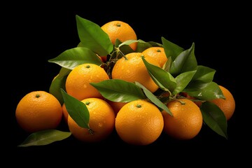 Collection of ripe oranges with green leaves isolated on black background