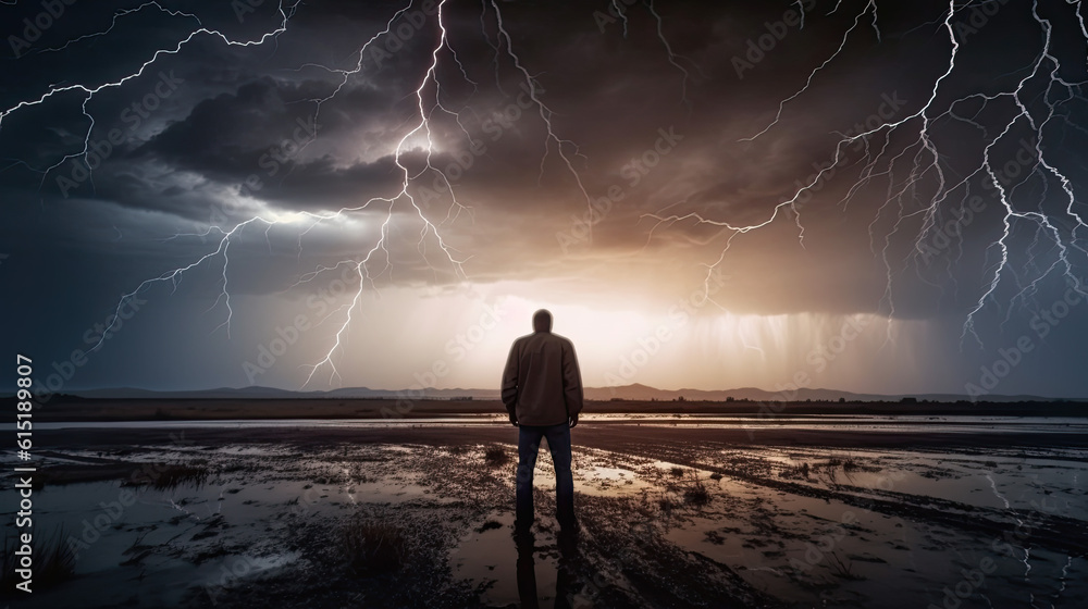 Poster back view on a man in front of him is a thunderstorm with lightning and dark dramatic clouds. genera