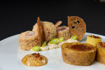close up on a Gourmet and gastronomic chicken dish with potatoes isolated on a black background