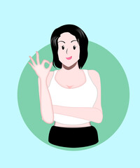 Smile girl showing OK sign on green background. A cheerful pretty girl is smiling. Vector the woman shows okay.