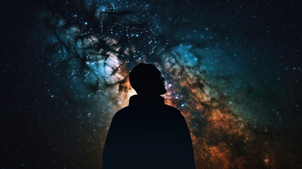 a silhouette of a man in the background you can see the universe with the milky way galaxy. Generative AI