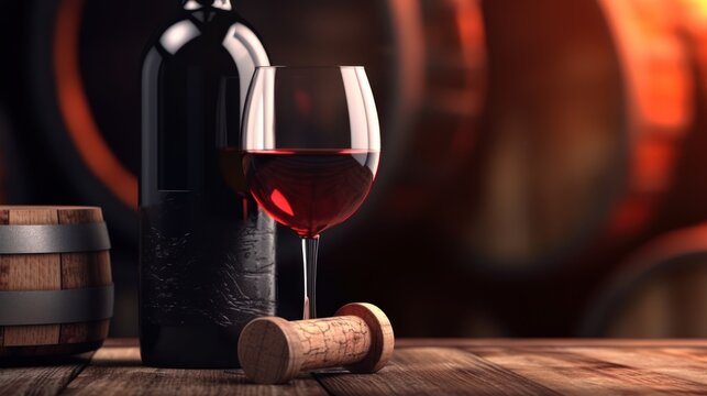  red wine bottle and wine glass on wooden barrel macro lens