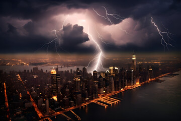 rain clouds with lightening on the new york city sharp clear style 3 - obrazy, fototapety, plakaty